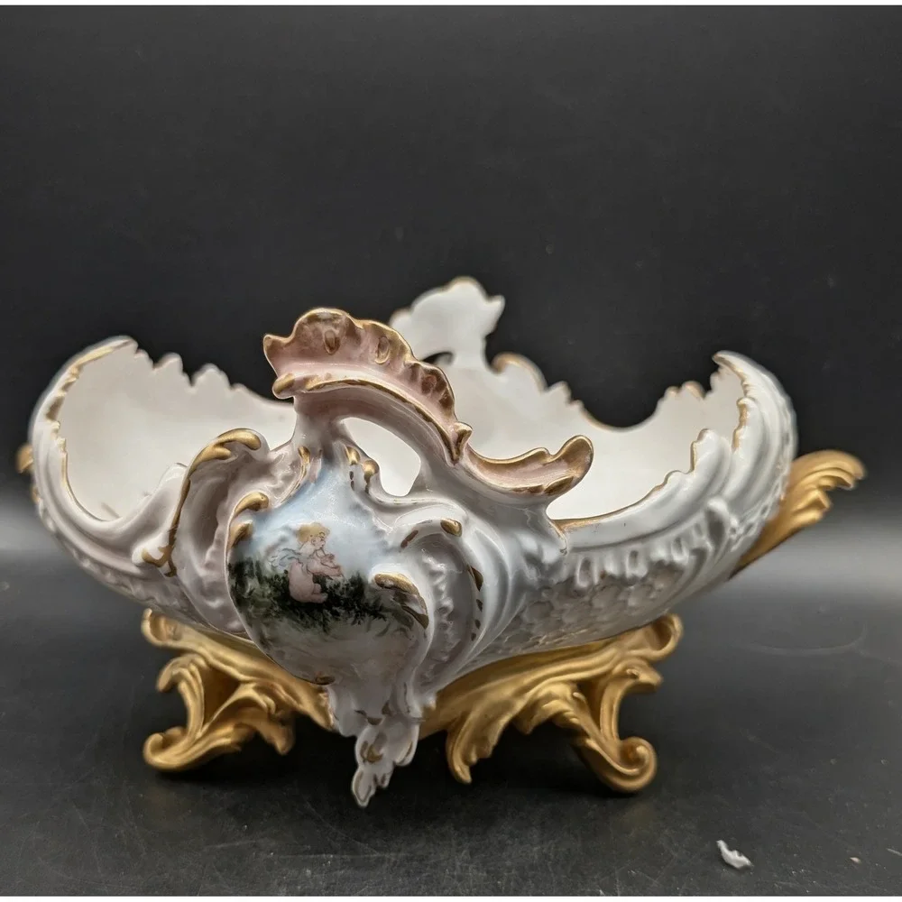 Vintage Hand Painted Floral Porcelain Centerpiece Bowl Gold Gilt Cherub Footed